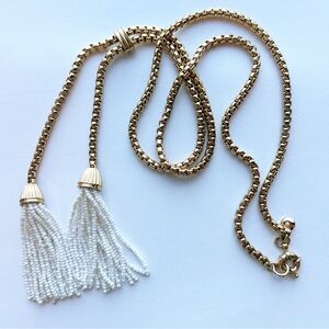J Crew Gold Tone Lariat Chain Double Tassel Necklace Flapper Style 20”
